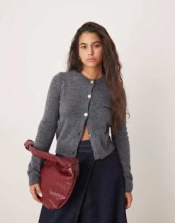 Mango Gold Button Fluffy Cardigan In Grey For Women -Mango Sales 207285029 1 grey 1