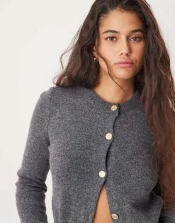 Mango Gold Button Fluffy Cardigan In Grey For Women -Mango Sales 207285029 2