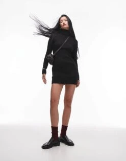 Mango High Neck Mini Knitted Dress In Black For Women