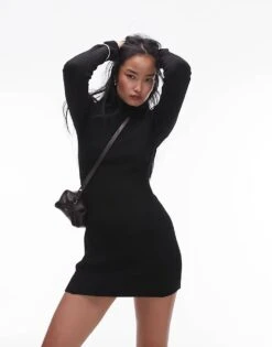 Mango High Neck Mini Knitted Dress In Black For Women -Mango Sales 207285040 3