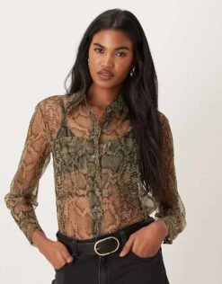 Mango Sheer Snake Print Shirt In Grey For Women