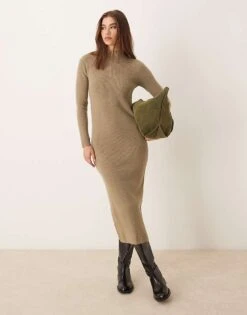 Mango Zip Neck Knitted Midi Dress In Brown For Women