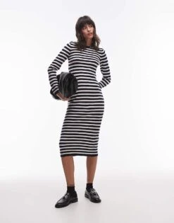 Mango Knitted Striped Midi Dress In Black For Women