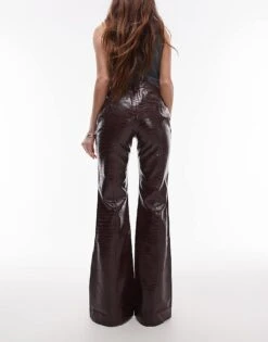 Mango Leather Look Croc Flare Trousers Co-ord In Burgundy For Women Dark Red -Mango Sales 207285207 3