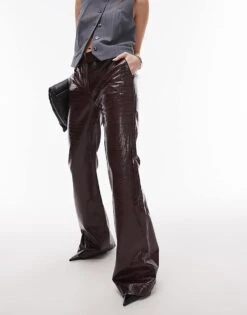 Mango Leather Look Croc Flare Trousers Co-ord In Burgundy For Women Dark Red -Mango Sales 207285207 4