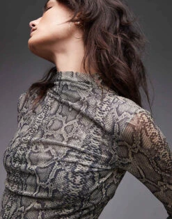 Mango Mesh Long Sleeve Snake Print Top In Grey For Women -Mango Sales 207285243 1 grey 1