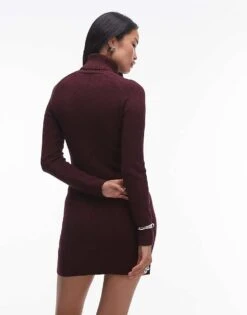 Mango High Neck Mini Knitted Dress In Dark Red For Women -Mango Sales 207285264 4