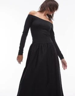 Mango Bardot Drop Waist Midi Dress In Black For Women