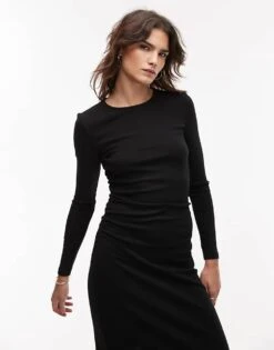 Mango Cinched Waist Fine Knit Midi Dress In Black For Women