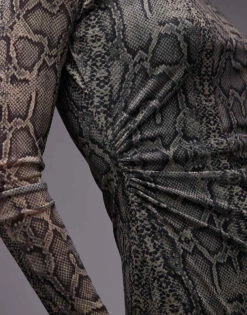 Mango Mesh Ruched Side Snake Print Midi Dress In Grey For Women -Mango Sales 207285310 4