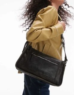 Mango Square Worn Leather Effect Shoulder Bag In Black For Women