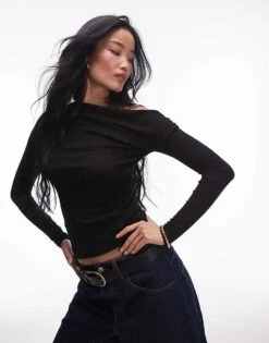 Mango Boat Neck Top Long Sleeve Top In Black For Women