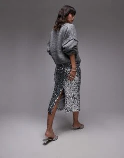 Mango Mixed Sequin Midi Skirt In Silver For Women -Mango Sales 207287845 3