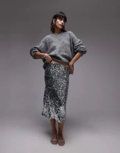 Mango Mixed Sequin Midi Skirt In Silver For Women -Mango Sales 207287845 4