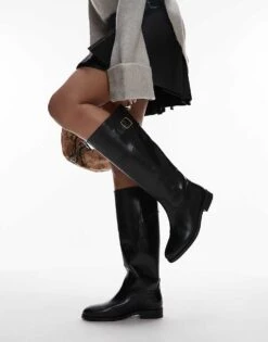 Mango Leather Knee Length Boots With Buckle In Black For Women