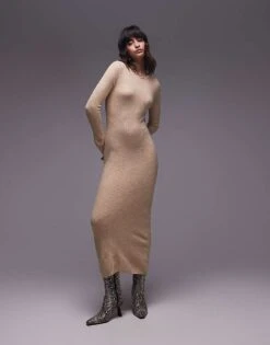 Mango Boat Neck Light Weight Midi Dress In Beige For Women