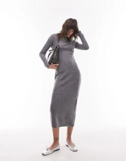 Mango Boat Neck Light Weight Midi Dress In Grey For Women
