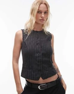 Mango Button Down Pinstripe Waistcoat In Grey For Women