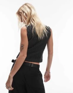 Mango Button Down Pinstripe Waistcoat In Grey For Women -Mango Sales 207324034 4