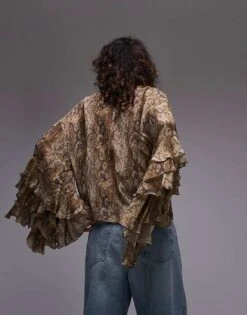 Mango Snake Print Ruffle Sleeve Blouse In Brown For Women -Mango Sales 207330060 3