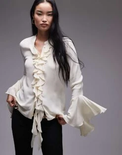 Mango Ruffle Front Elegant Blouse In White For Women