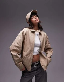 Mango Oversized Zip Through Jacket In Beige For Women