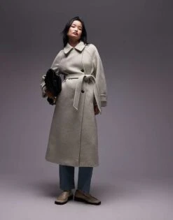 Mango Tie Waist Wool Coat In Light Green For Women