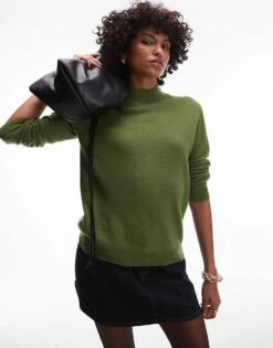 Mango High Neck Cashmere Jumper In Olive Green For Women