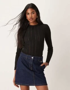 Mango Mesh Rib Long Sleeve T-shirt In Black For Women -Mango Sales 207408940 1 black 1