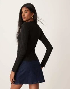 Mango Mesh Rib Long Sleeve T-shirt In Black For Women -Mango Sales 207408940 3