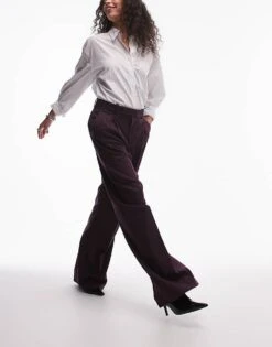 Mango Thin Pintripe Longline Trousers In Dark Red For Women