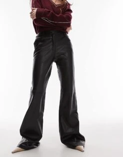 Mango Flare Leg Leather Look Trouser In Dark Red For Women