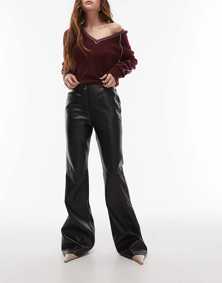 Mango Flare Leg Leather Look Trouser In Dark Red For Women 4 Mango Flare Leg Leather Look Trouser In Dark Red For Women - Image 4