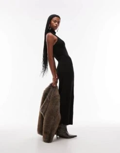 Mango Open Back High Neck Knitted Maxi Dress In Black For Women -Mango Sales 207409346 1 black 1