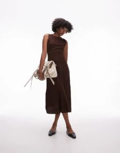Mango Stitched Edge Sleevess Maxi Dress In Dark Brown For Women