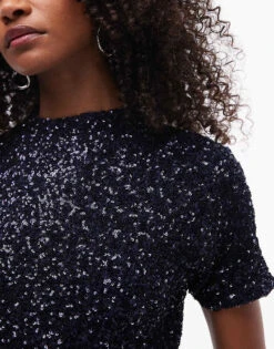 Mango Short Sleeve Sequin Mini Dress In Navy For Women Dark Blue -Mango Sales 207499722 2