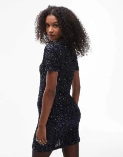 Mango Short Sleeve Sequin Mini Dress In Navy For Women Dark Blue -Mango Sales 207499722 4