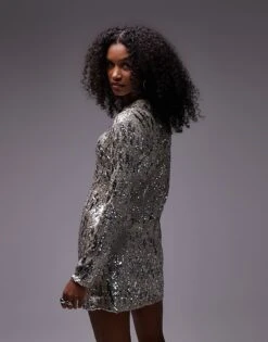 Mango Long Sleeve Sequin Mini Dress In Silver For Women -Mango Sales 207499781 4