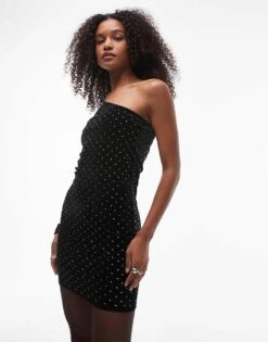 Mango One Shoulder Studded Velvet Dress In Black For Women