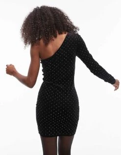 Mango One Shoulder Studded Velvet Dress In Black For Women -Mango Sales 207500932 4