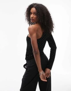 Mango One Shoulder Studded Velvet Top In Black For Women -Mango Sales 207501304 4