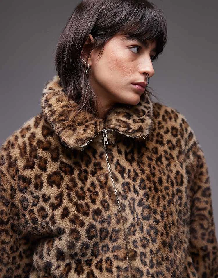 Mango Zip Up Leopard Print Fur Jacket In Brown For Women 4 Mango Zip Up Leopard Print Fur Jacket In Brown For Women - Image 4