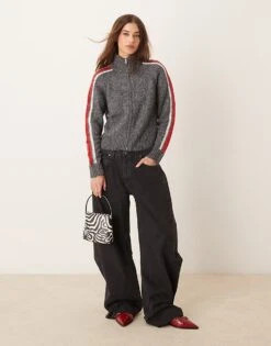 Mango Zip Through Side Stripe Cardigan In Grey For Women -Mango Sales 207570720 1 grey 1