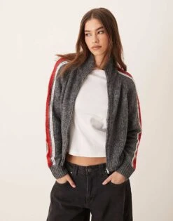 Mango Zip Through Side Stripe Cardigan In Grey For Women -Mango Sales 207570720 3