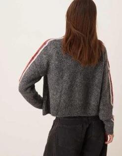 Mango Zip Through Side Stripe Cardigan In Grey For Women -Mango Sales 207570720 4