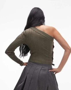 Mango Button Side One Shoulder Jumper In Khaki For Women Light Green -Mango Sales 207570741 4