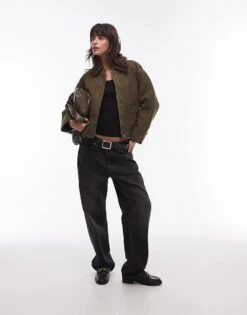 Mango Wax Collared Jacket In Green For Women Dark Green