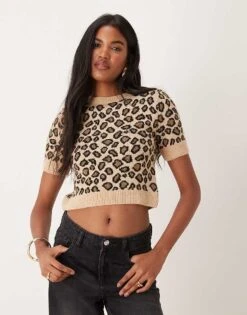Mango Short Sleeve Leopard Print Jumper In Brown For Women