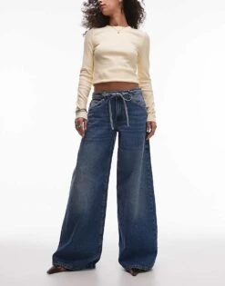 Mango Tie Waist Wide Leg Jeans Blue For Women Mid Blue -Mango Sales 207583251 1 midblue 1
