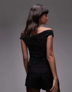 Mango Off Shoulder Velvet Hotfix Top In Black For Women -Mango Sales 207583329 4